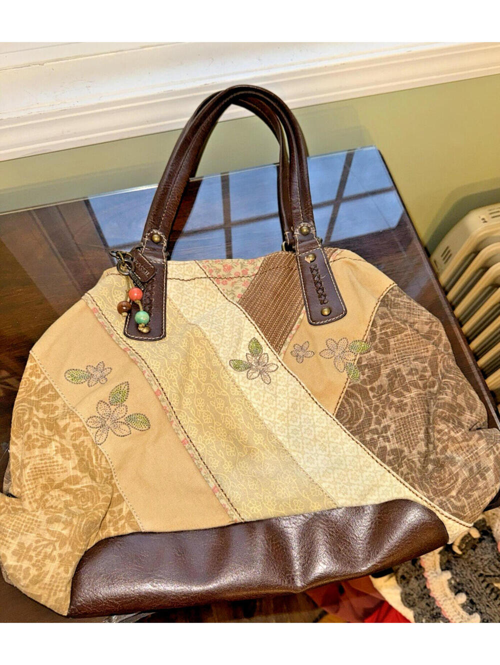 Fossil Patchwork Floral Canvas Leather Shoulder Bag Multicolor Boho Purse Tote